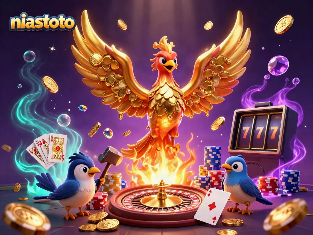 Experience the thrill of niastoto with a captivating 3D illustration showcasing golden phoenixes and casino elements.
