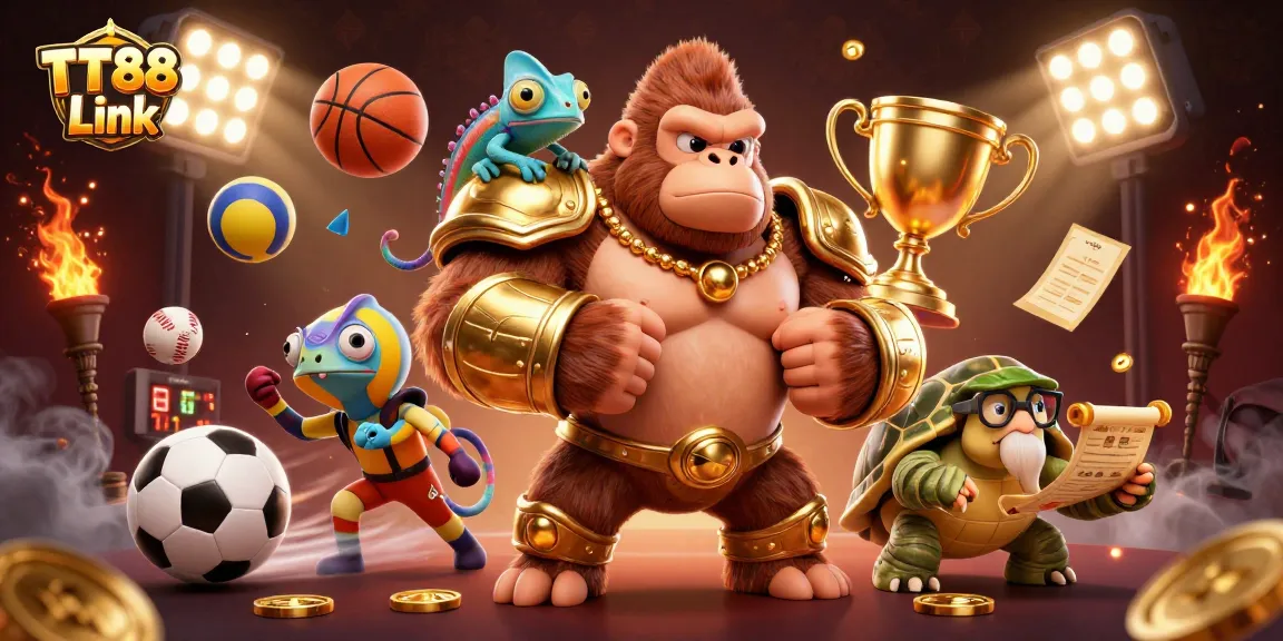 Engage in thrilling gameplay with TT88 Link showcasing a powerful gorilla king, chameleon, and tortoise in a vibrant casino setting.