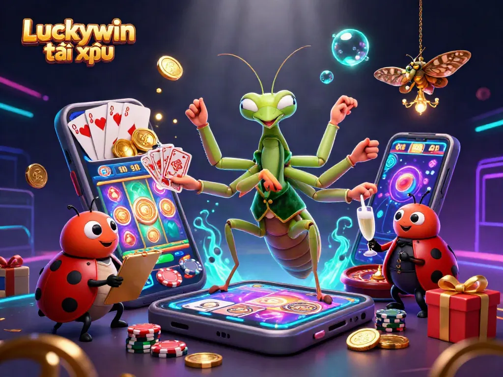 Experience Luckywin tài xỉu with captivating 3D cartoon characters in a lively casino scene.