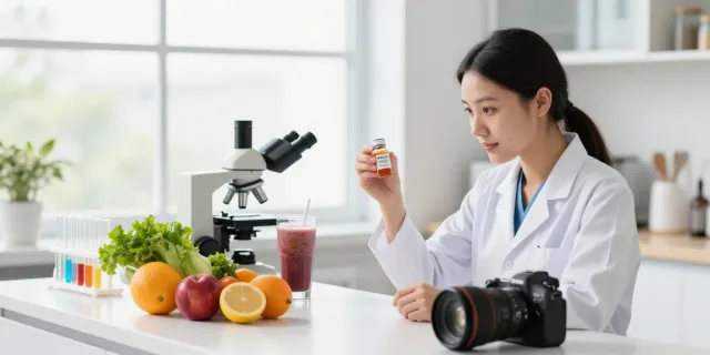 Analyzing Glutathione peptide with fresh ingredients in a bright kitchen.