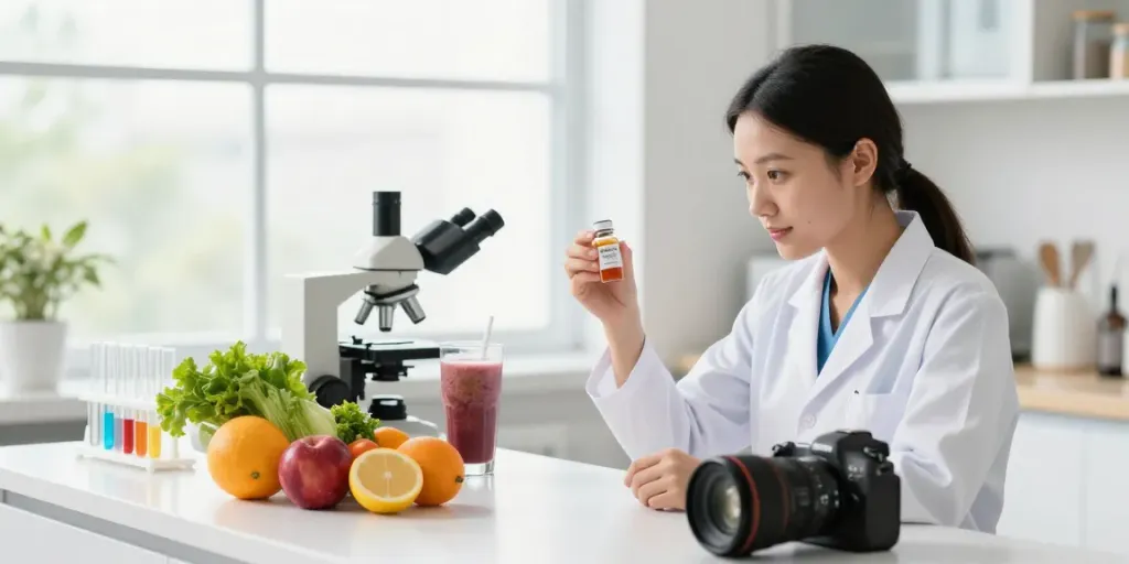 Analyzing Glutathione peptide with fresh ingredients in a bright kitchen.