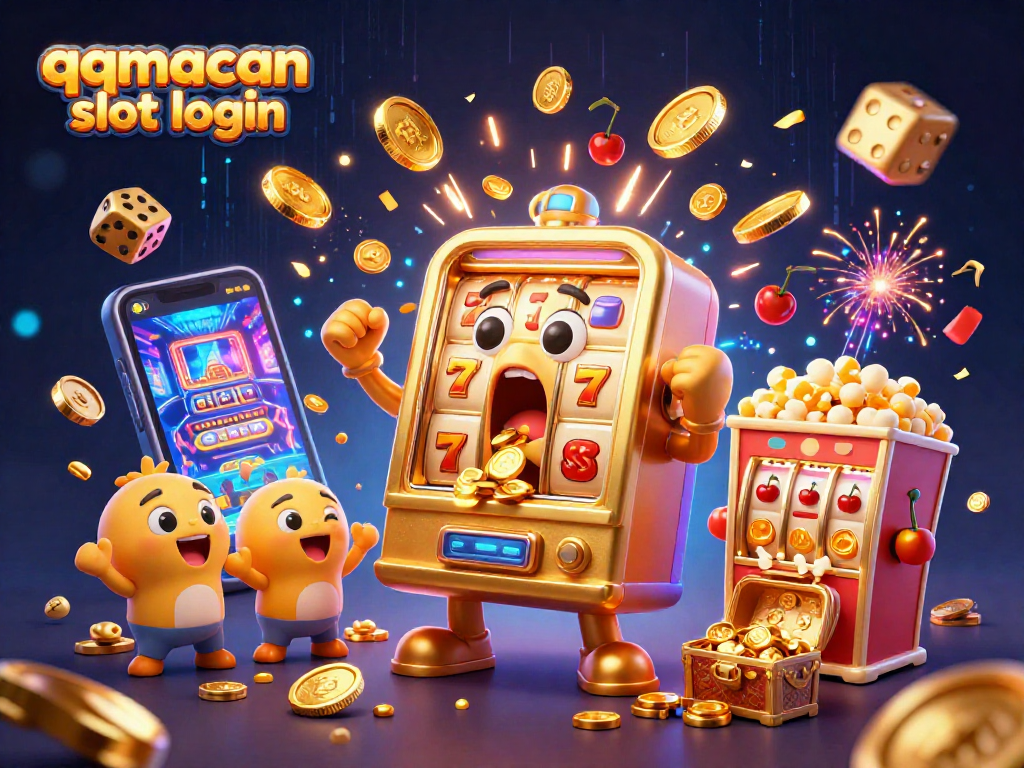 Spin the reels with qqmacan slot login's golden slot machine hitting a jackpot showering coins!