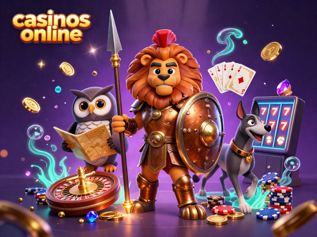 Experience thrilling action at casinos online with a lion, owl, and greyhound in this vibrant scene.