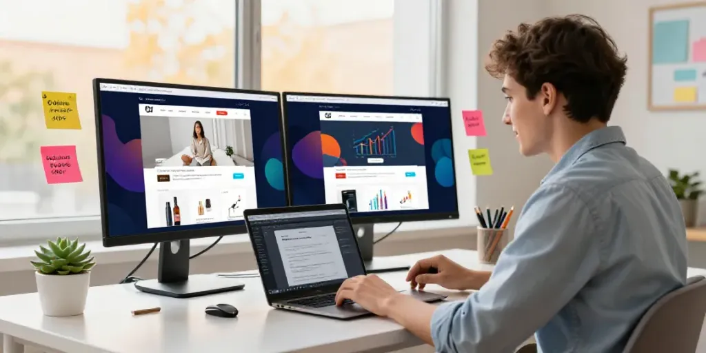 Entrepreneur analyzing AI generated online store content in a modern workspace