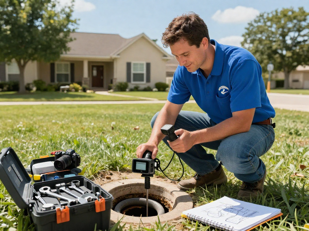 Sewer line service Fort Worth professional plumber inspecting residential sewer line with advanced tools and friendly atmosphere.