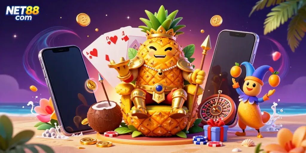 Experience thrilling gaming action at NET88 com with lively characters and casino elements.