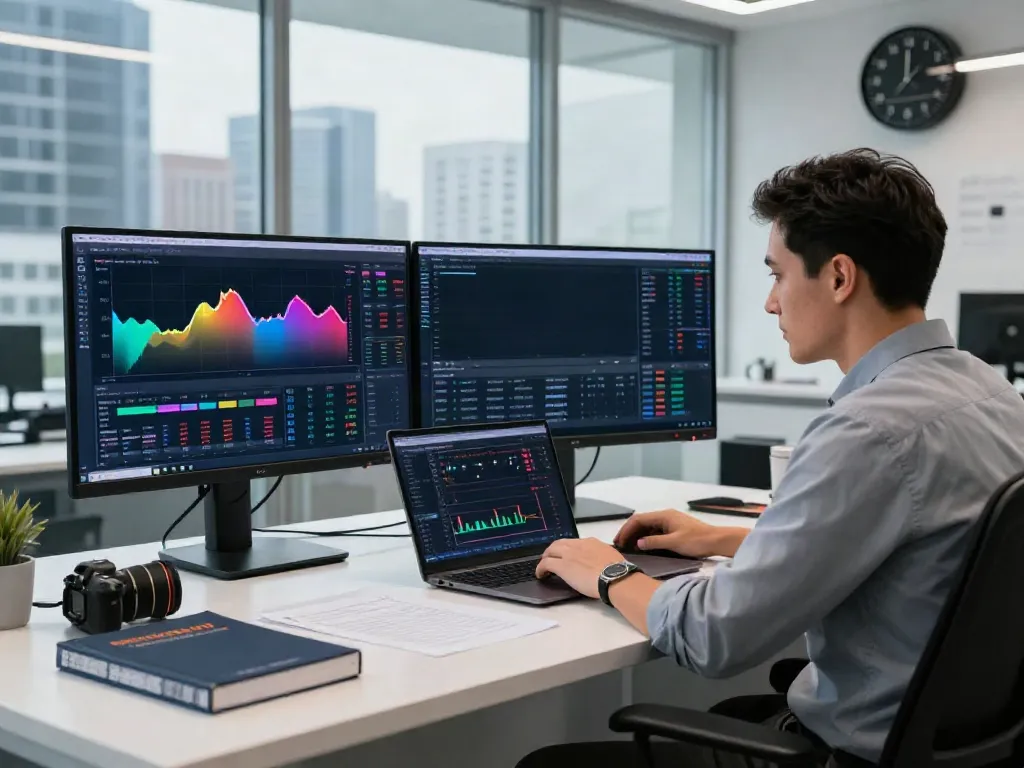 Analyst using MetaTrader 5 to analyze financial charts in a modern workspace.