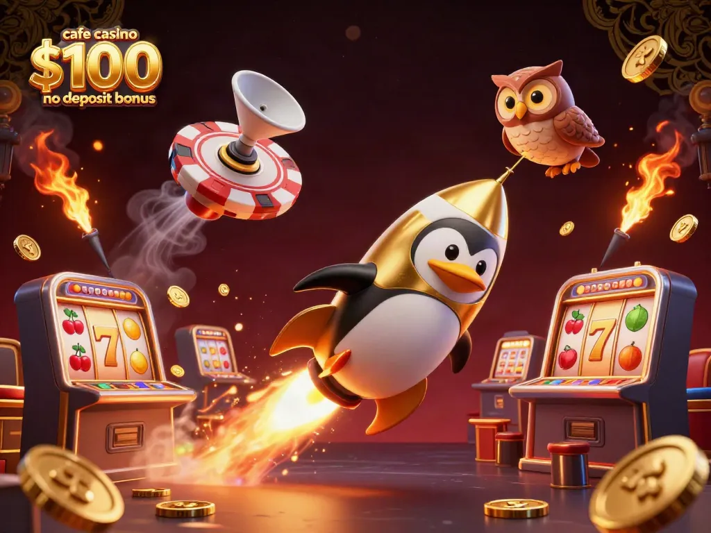 Experience the excitement of the cafe casino $100 no deposit bonus with a vibrant 3D scene featuring a golden penguin and dynamic gaming elements.