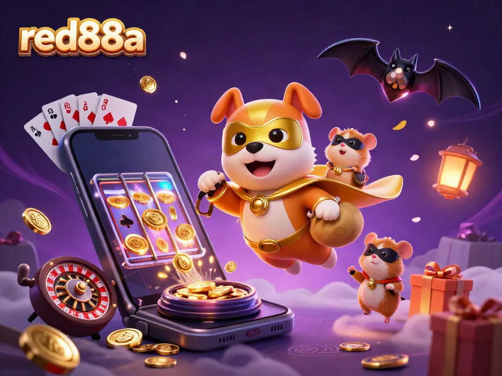 Experience the thrill of winning at red88a with our vibrant superhero dog and hamster illustration!