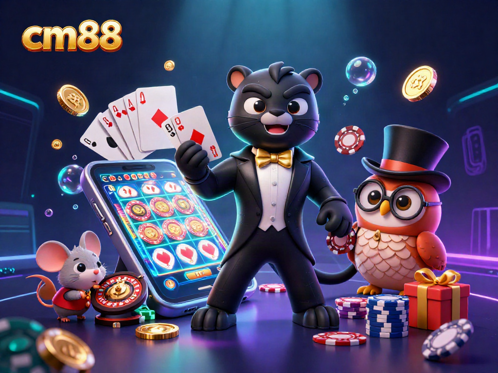Experience thrilling gaming with cm88 as a black panther deals cards amidst vibrant casino elements.
