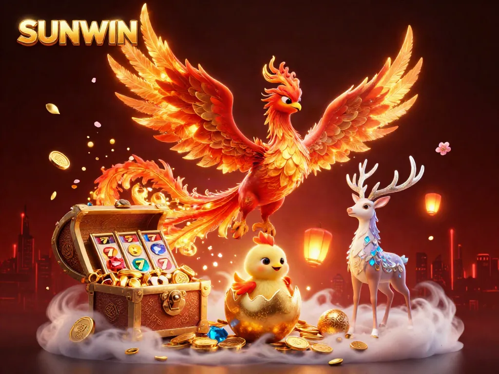 Experience SUNWIN's exhilarating gaming adventures with a colorful phoenix and dynamic casino elements.