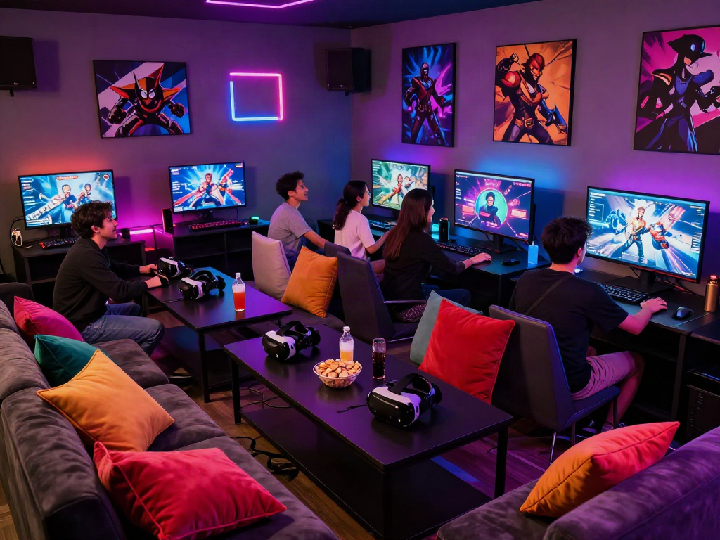 Friends enjoying porngames in a vibrant gaming lounge with snacks and VR headsets.