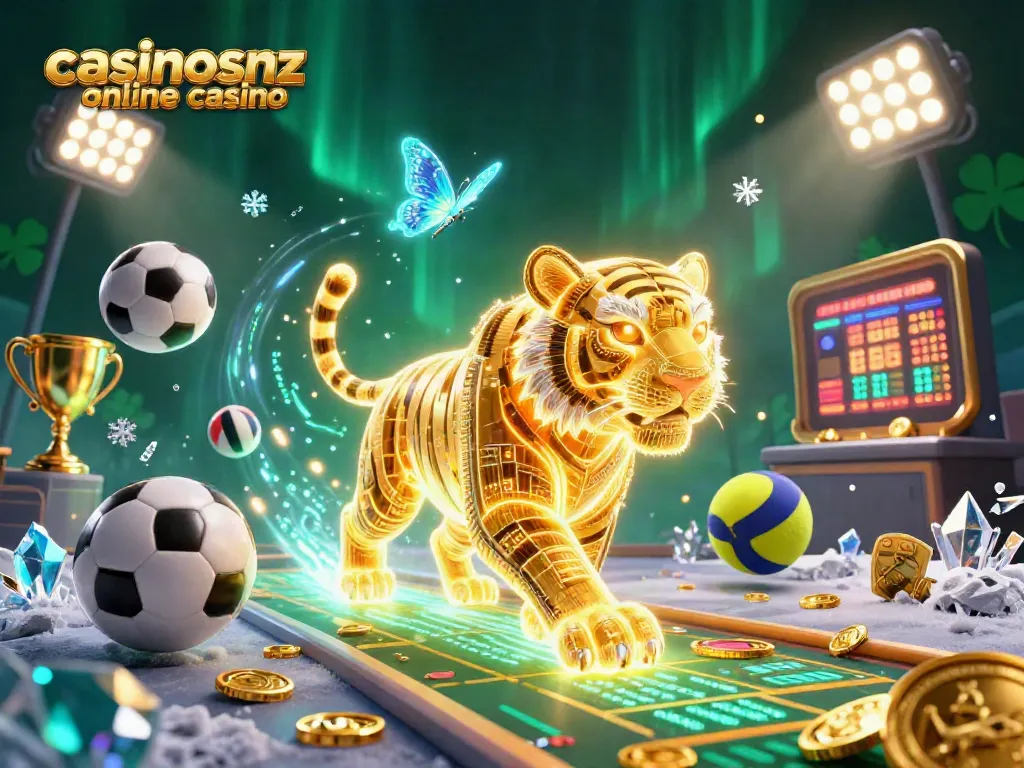 Experience the excitement at casinosnz online casino with a vibrant 3D gaming scene featuring a golden tiger and sports elements.