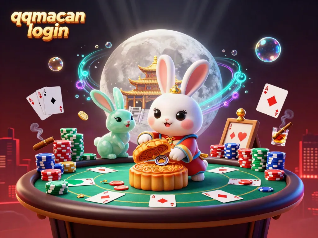 Experience the excitement of qqmacan login with a vibrant scene of moon rabbits and poker chips.