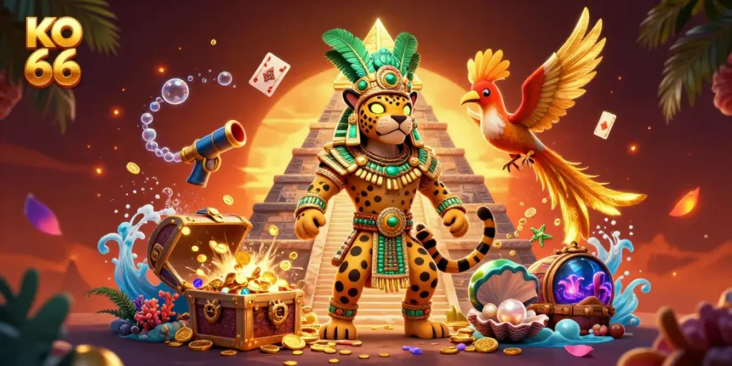 KO 66 Gamblers revel in a vibrant casino scene with gold coins and treasures.