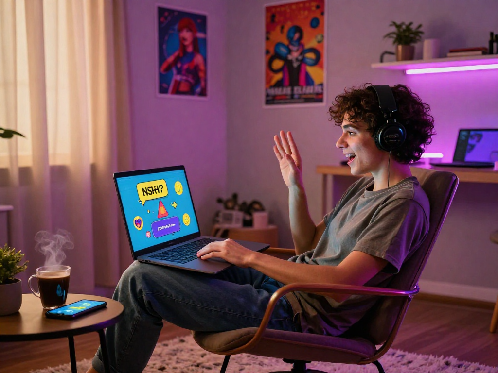User engaged in an NSFW chat on a laptop in a cozy room, showcasing vibrant atmosphere and intimate interaction.