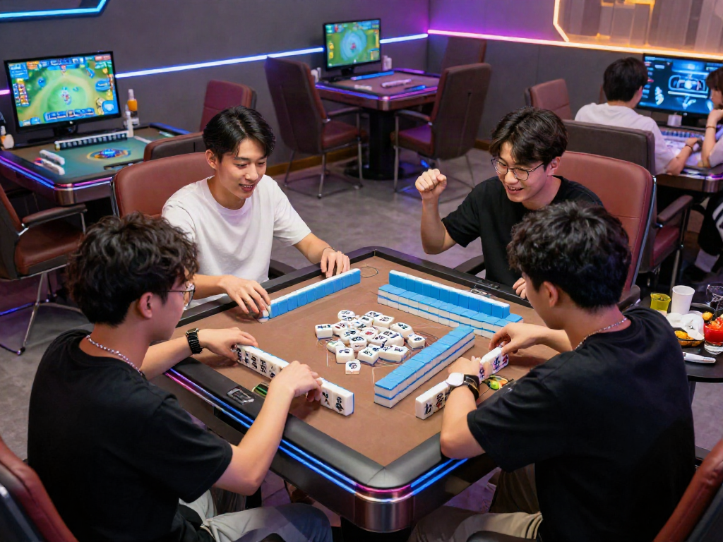 Exciting MahjongJP88 Online gaming scene with players immersed in strategy and competition at a modern gaming table.
