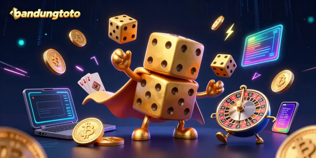 Experience the excitement of gaming with bandungtoto's vibrant casino illustration featuring golden dice and crypto elements.