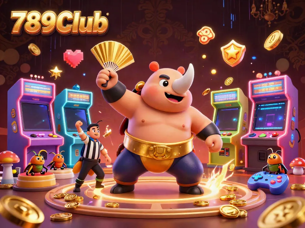 Experience the thrill of 789Club with a cartoon beetle champion sending coins flying in a vibrant casino scene.