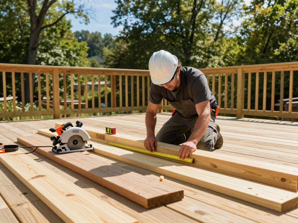 Deck Builders Eastwood constructing a custom wooden deck with tools and greenery in the background.