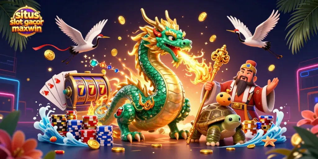 Engage with situs slot gacor maxwin using vibrant slot reels and golden dragon in a lively casino scene.