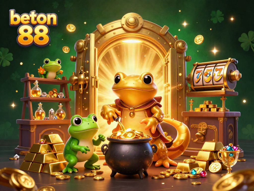 Permainan slot di beton 88 dengan alkemis, katak, dan newt berlimpah harta emas.