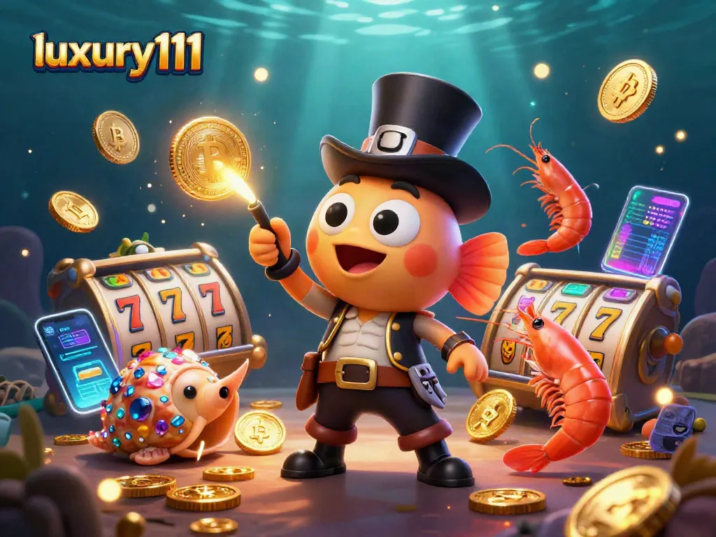 Engage with luxury111's exciting slot experience featuring vibrant underwater characters and glowing crypto elements that captivate players.