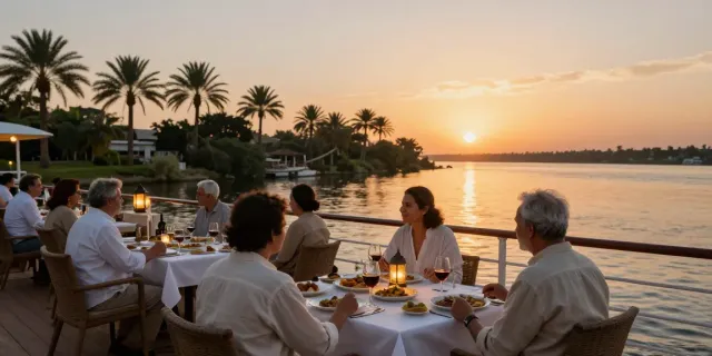 Travelers enjoying a Dahabiya Nile cruise dinner at sunset, with stunning river views.