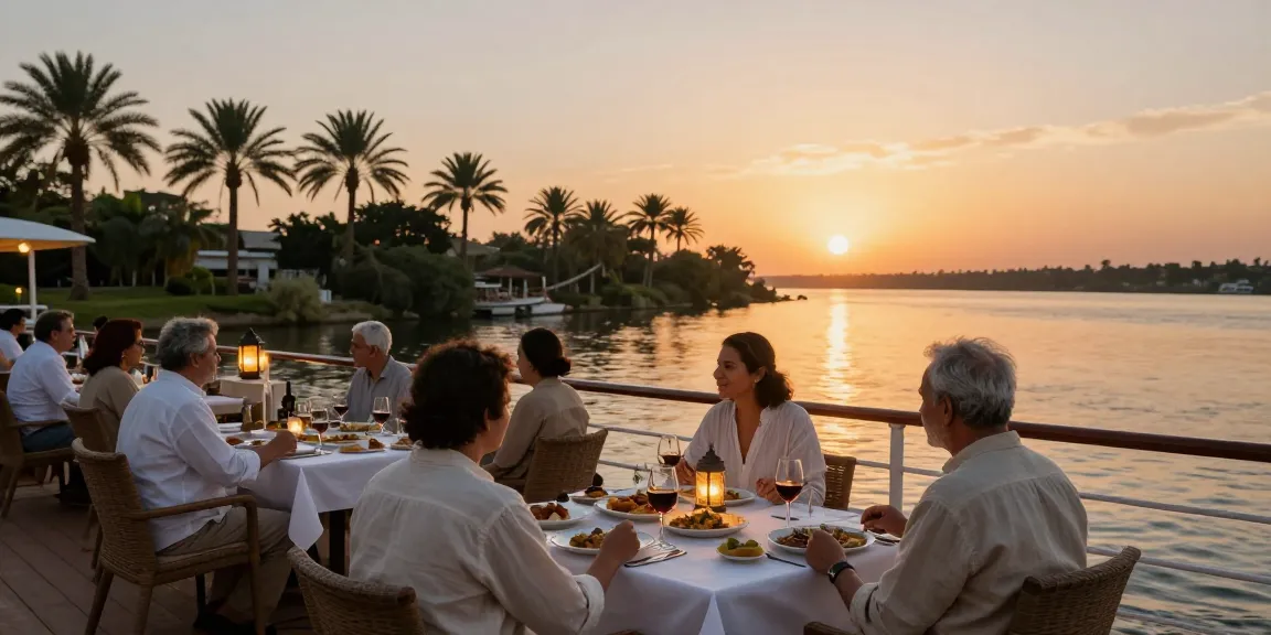 Travelers enjoying a Dahabiya Nile cruise dinner at sunset, with stunning river views.