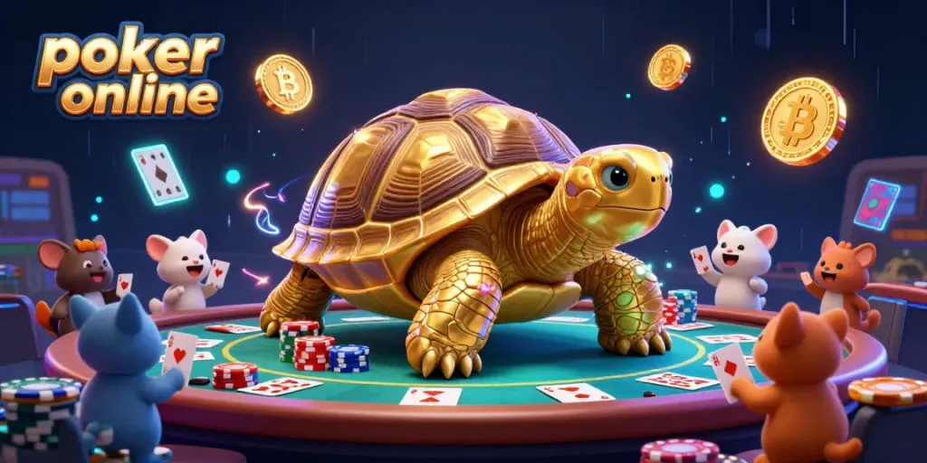Play poker online with excitement in this vibrant 3D illustration featuring a golden tortoise poker table.