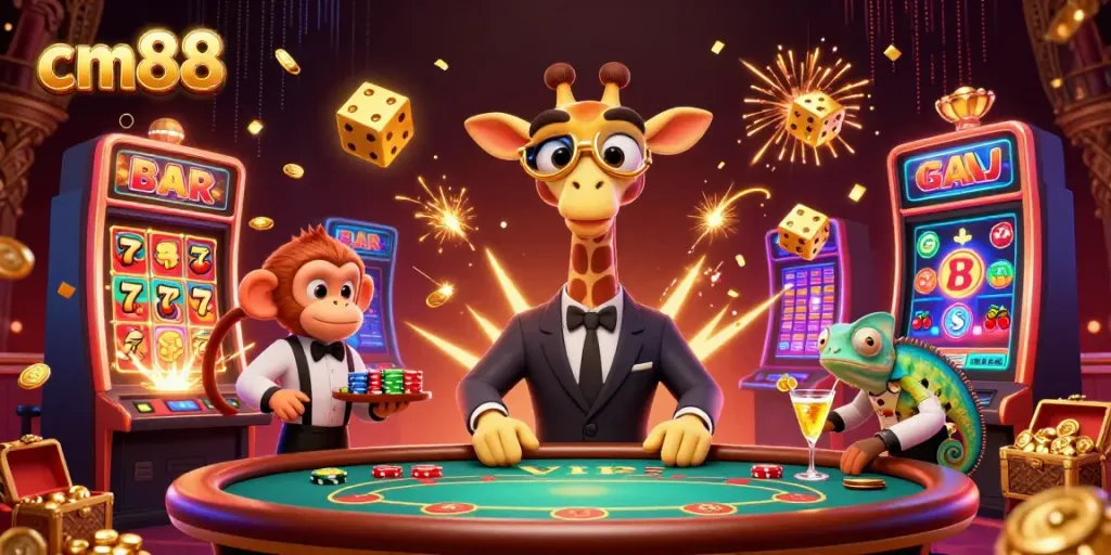 Experience thrilling gameplay at cm88 with a high-roller giraffe, monkey valet, and chameleon bartender.