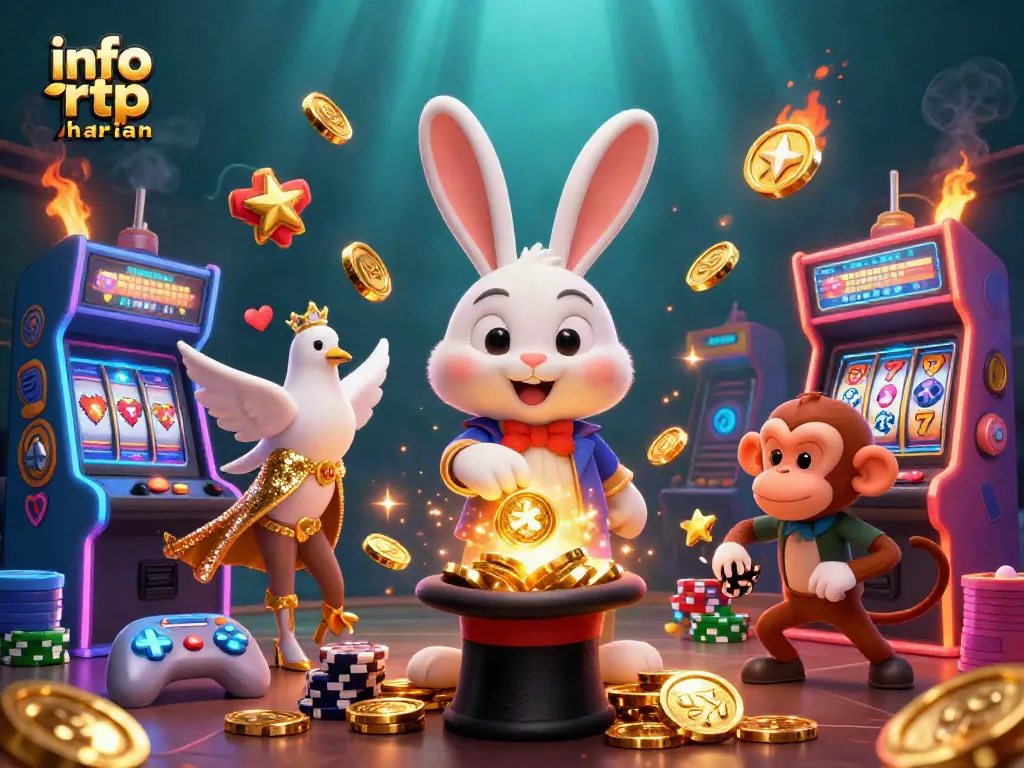 Engage with info rtp harian through a thrilling scene of a magician and casino elements.