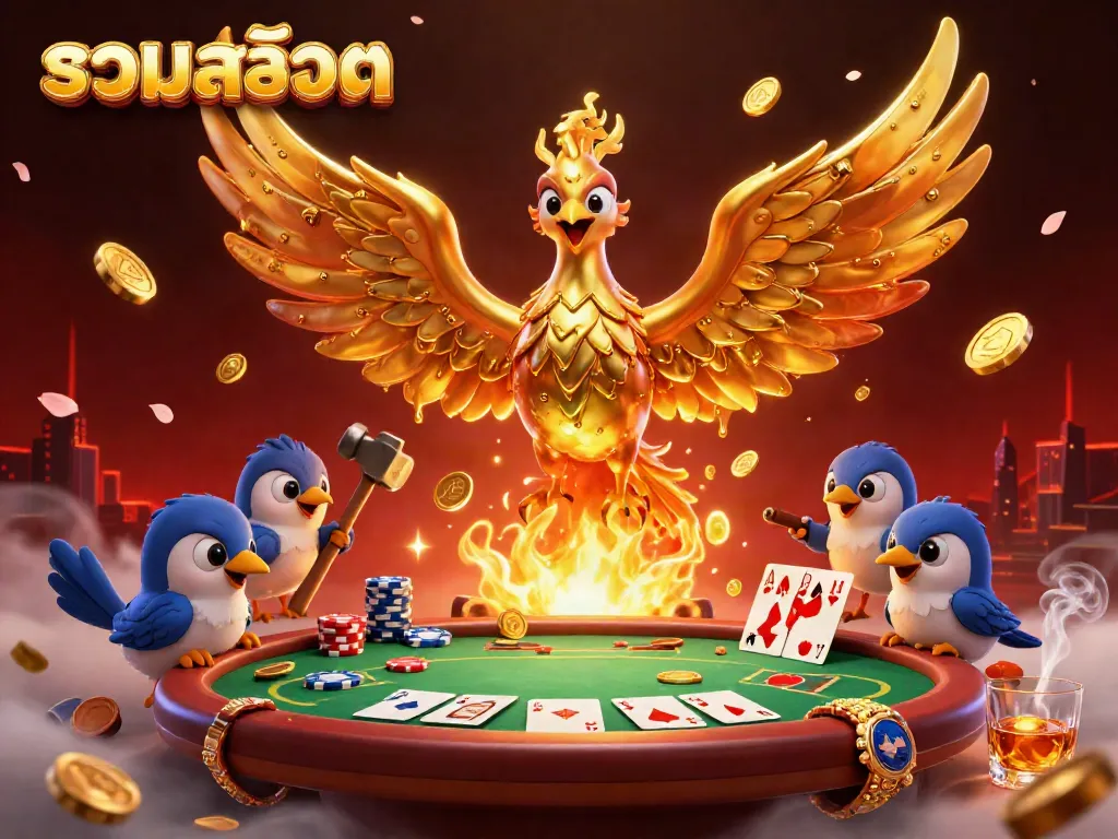 Experience the thrilling world of รวมสล็อต with a golden phoenix and vibrant poker elements in action.