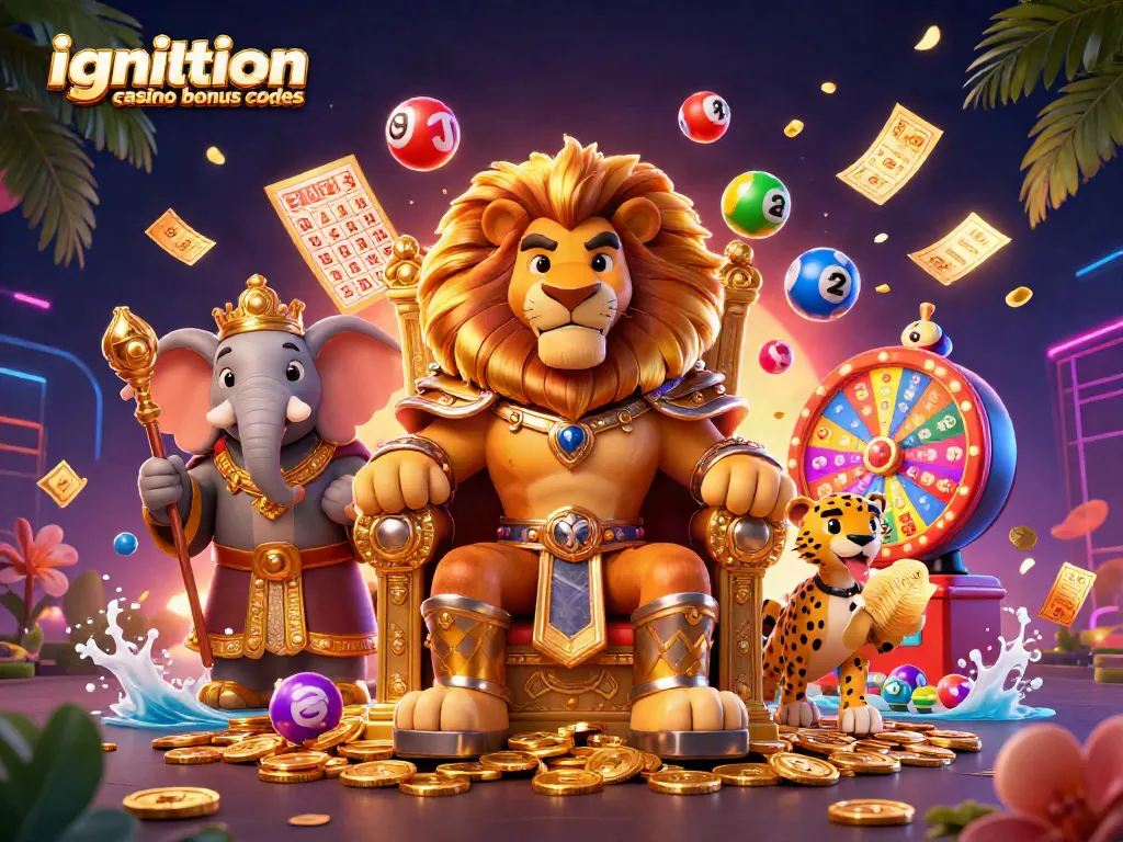 Engage with ignition casino bonus codes amidst a dynamic scene featuring a lion king and casino-themed elements.