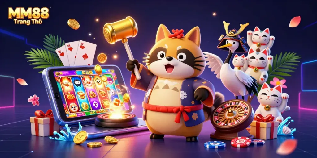 Spin into fortune at MM88 Trang Chủ with vibrant casino elements and lucky characters!