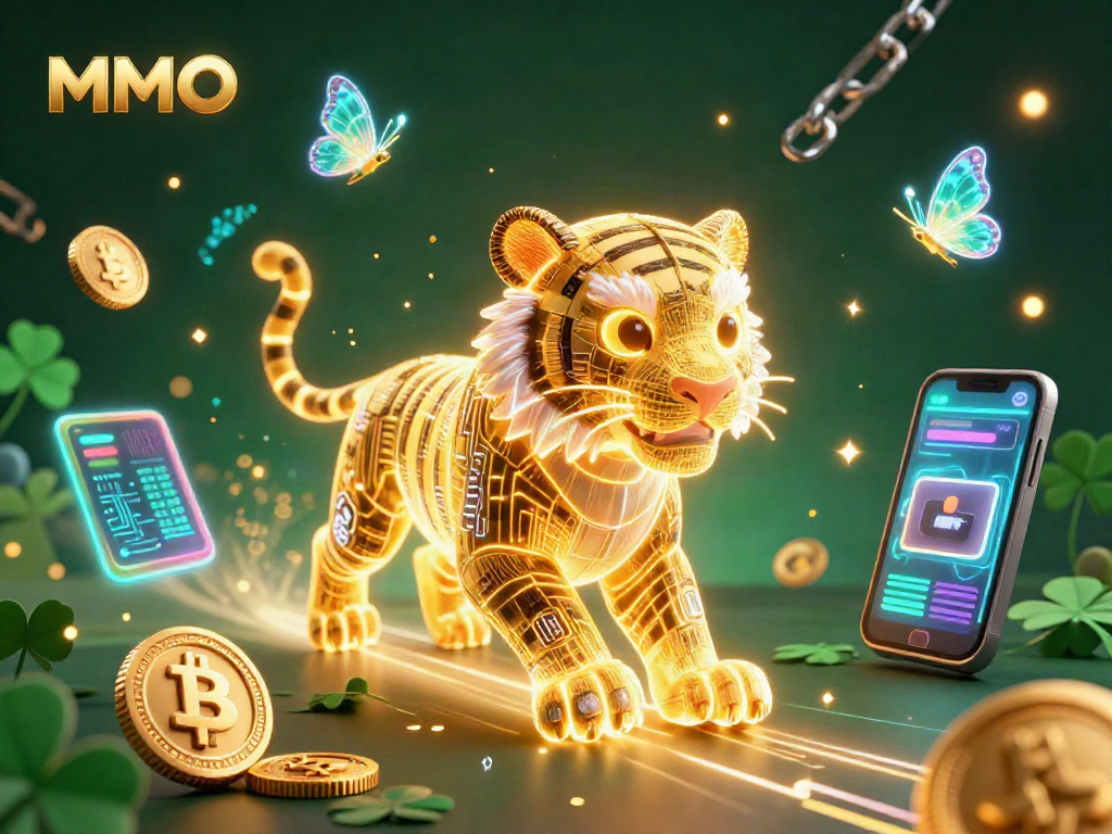 Experience MMOO gaming with a dynamic 3D tiger in a vibrant casino scene filled with crypto assets.
