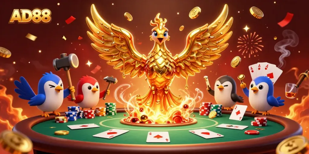 Experience winning moments with AD88 at a vibrant casino scene filled with excitement and golden treasures.