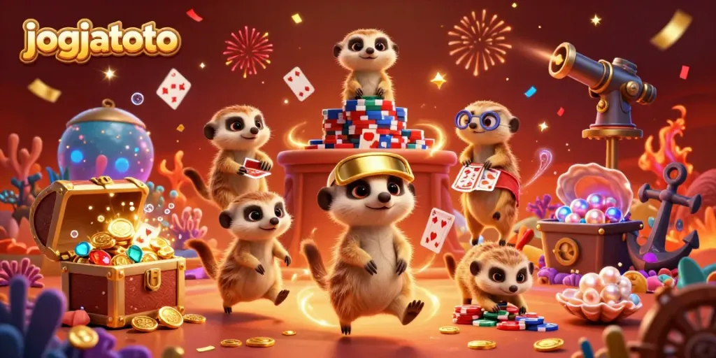 Engage with jogjatoto's vibrant online casino scene featuring meerkats managing a casino.