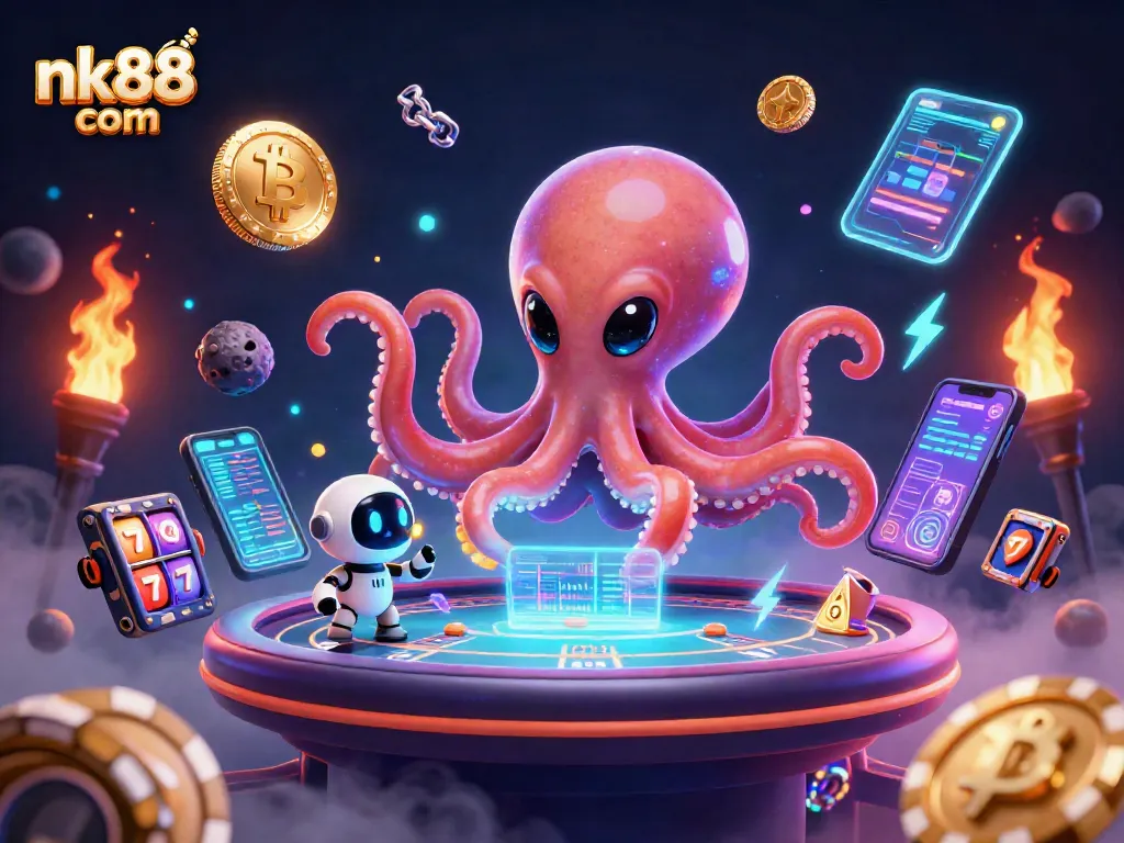 Engage at nk88 com with a cartoon alien octopus at a holographic poker table surrounded by vibrant casino elements.