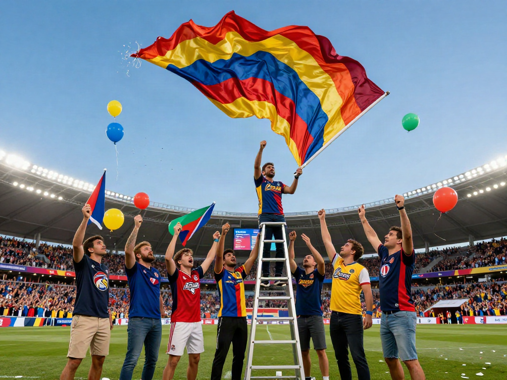 Exciting banner raising event with team captain atop ladder engaging with fans.