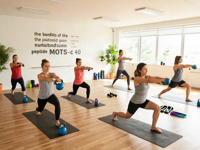 Group fitness class highlighting the benefits of MOTS-c 40 in a bright wellness studio.