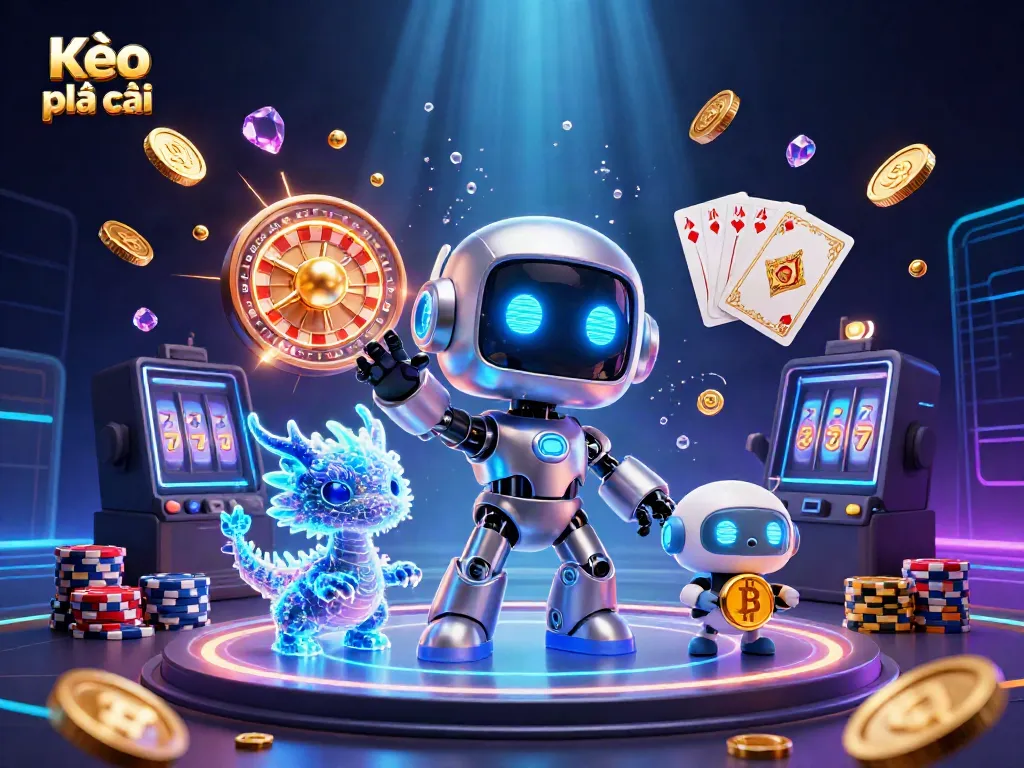 Experience the excitement of Kèo nhà cái with a vibrant scene featuring a cyberpunk robot, AI dragon, and flying poker chips.