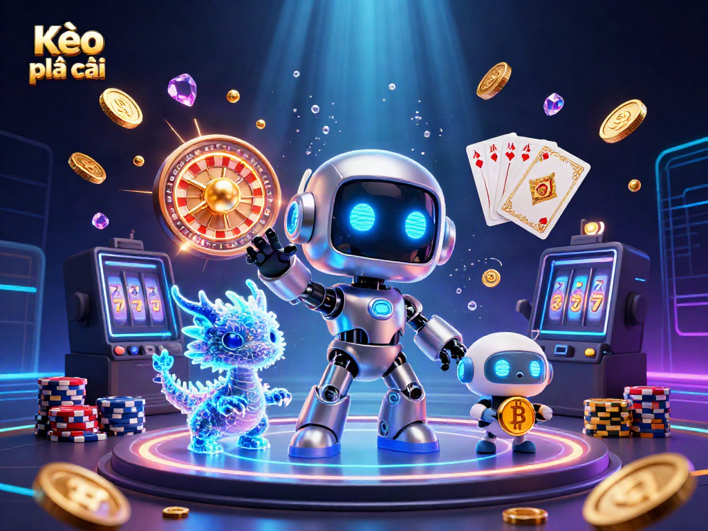 Experience the excitement of Kèo nhà cái with a vibrant scene featuring a cyberpunk robot, AI dragon, and flying poker chips.