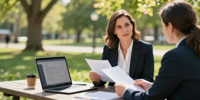 Karen McCleave attorney discussing legal matters with a client in a park.