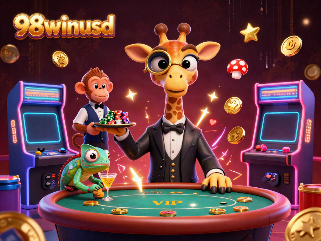 Experience thrilling gameplay at 98winusd with a high-roller giraffe at a VIP poker table surrounded by dynamic gaming elements.