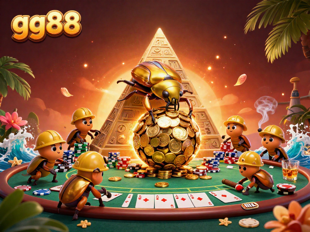 Experience legendary gaming action at gg88 with a golden dung beetle casino scene.