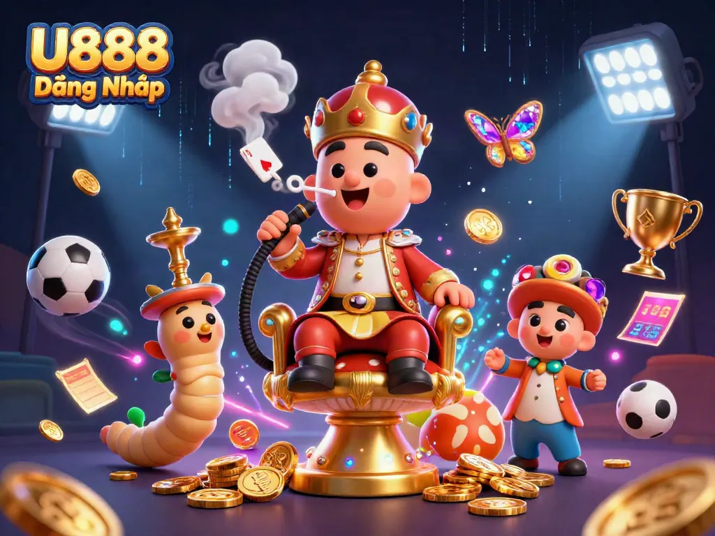 Experience thrilling gaming at U888 Đăng Nhập, surrounded by vibrant sports elements and dynamic 3D visuals.