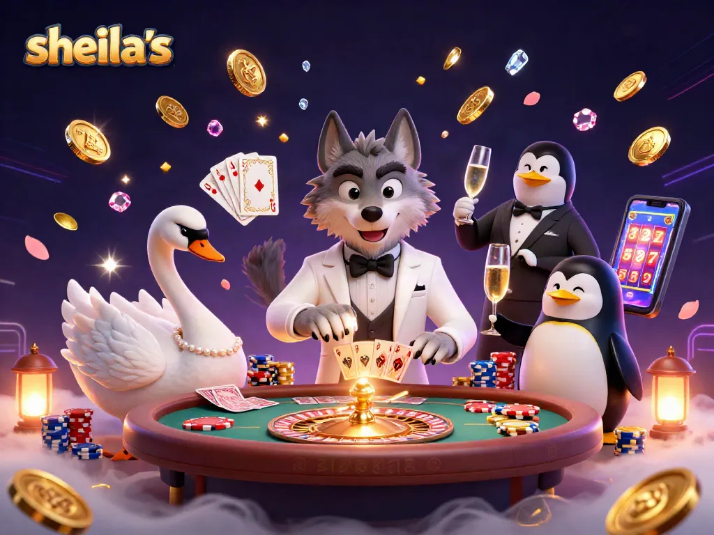 Sheila's exclusive casino scene featuring whimsical characters celebrating with games and golden treasures.