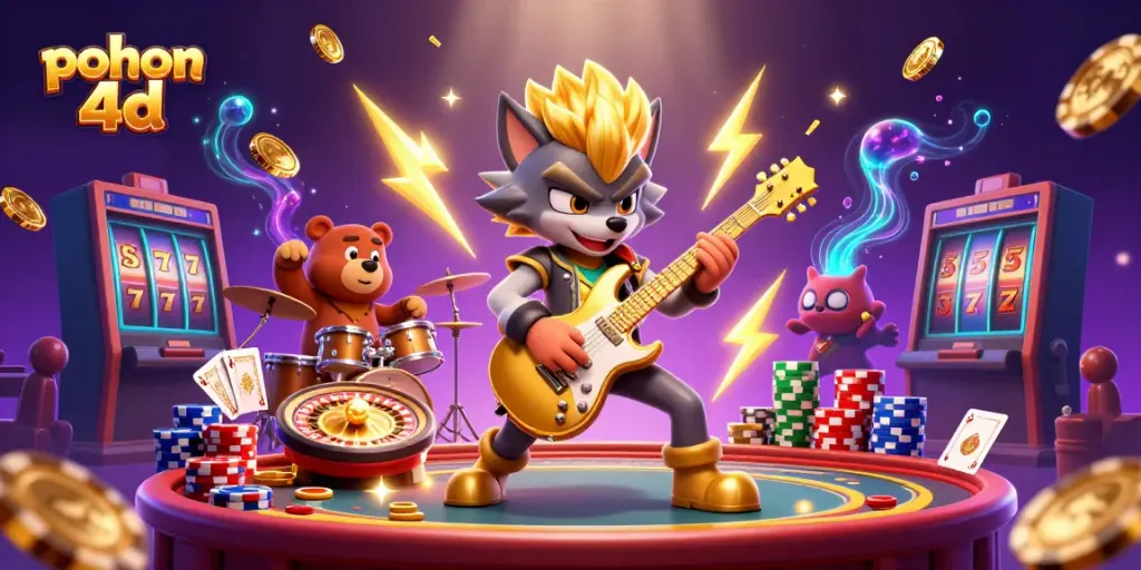 Experience the thrill of pohon 4d with energetic wolf rock star and drummer bear on a vibrant casino stage.