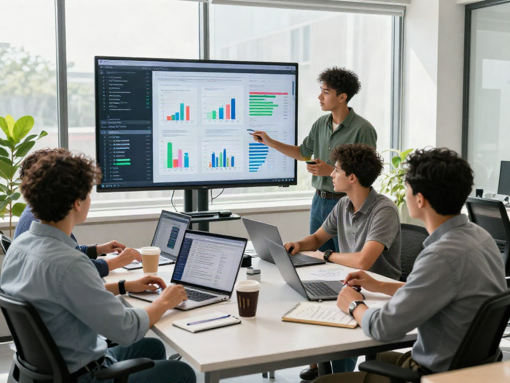 Team collaborating on a document fraud detection solution in a bright, modern office.